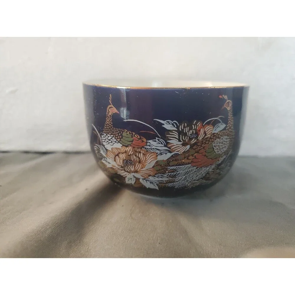 Japanese tea set, porcelain cobalt blue vintage teapot, 6 cups, peacock design